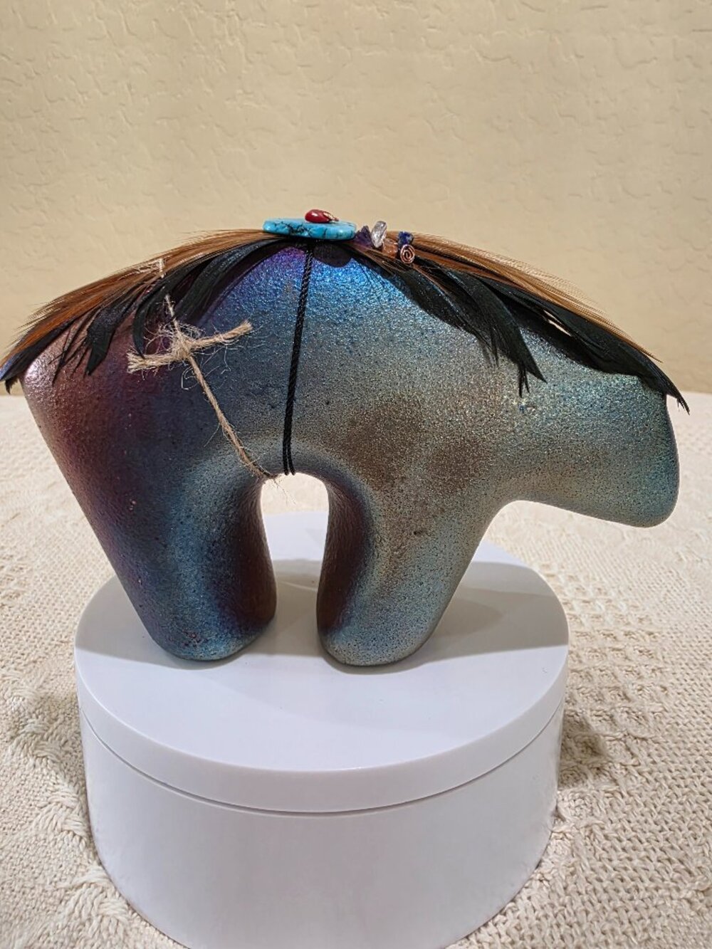 Jeremy Diller Raku Pottery Spirit Bear Fetish Figurine Turquoise Eye Feathers B2 - Picture 7 of 17